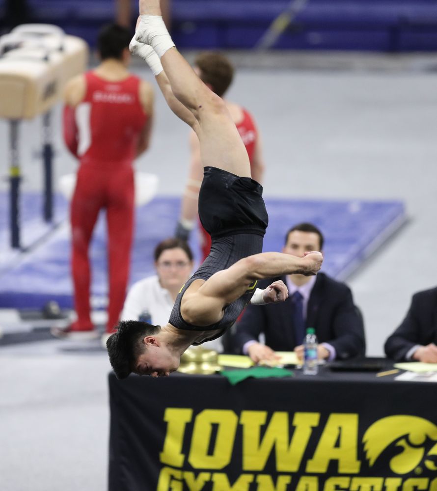 Iowa's Bennet Huang competes on the floor against Oklahoma Saturday, February 9, 2019 at Carver-Hawkeye Arena. (Brian Ray/hawkeyesports.com)