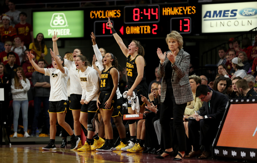 Iowa Hawkeyes forward/center Monika Czinano (25), guard Gabbie Marshall (24), and guard Kate Martin (20) against the Iowa State Cyclones Wednesday, December 11, 2019 at Hilton Coliseum in Ames, Iowa(Brian Ray/hawkeyesports.com)