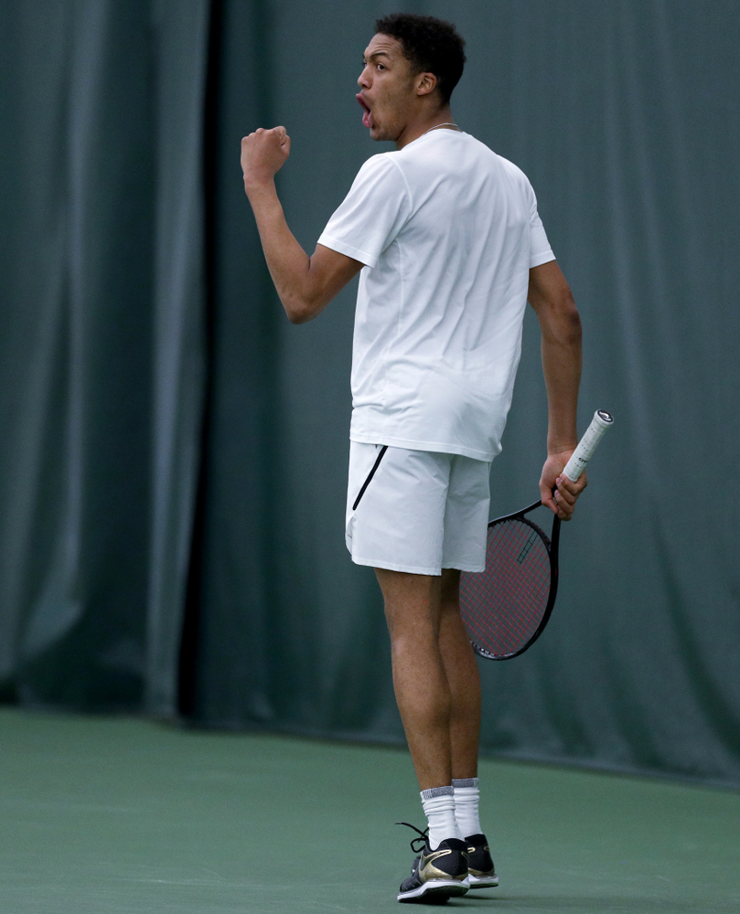 Iowa’s Oliver Okonkwo against Cornell Sunday, March 8, 2020 at the Hawkeye Tennis and Recreation Center. (Brian Ray/hawkeyesports.com)
