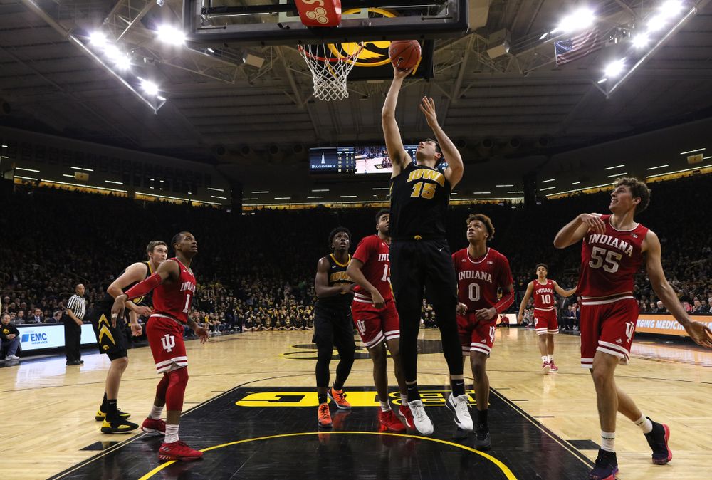 Iowa Hawkeyes forward Ryan Kriener (15) against the Indiana Hoosiers Friday, February 22, 2019 at Carver-Hawkeye Arena. (Brian Ray/hawkeyesports.com)