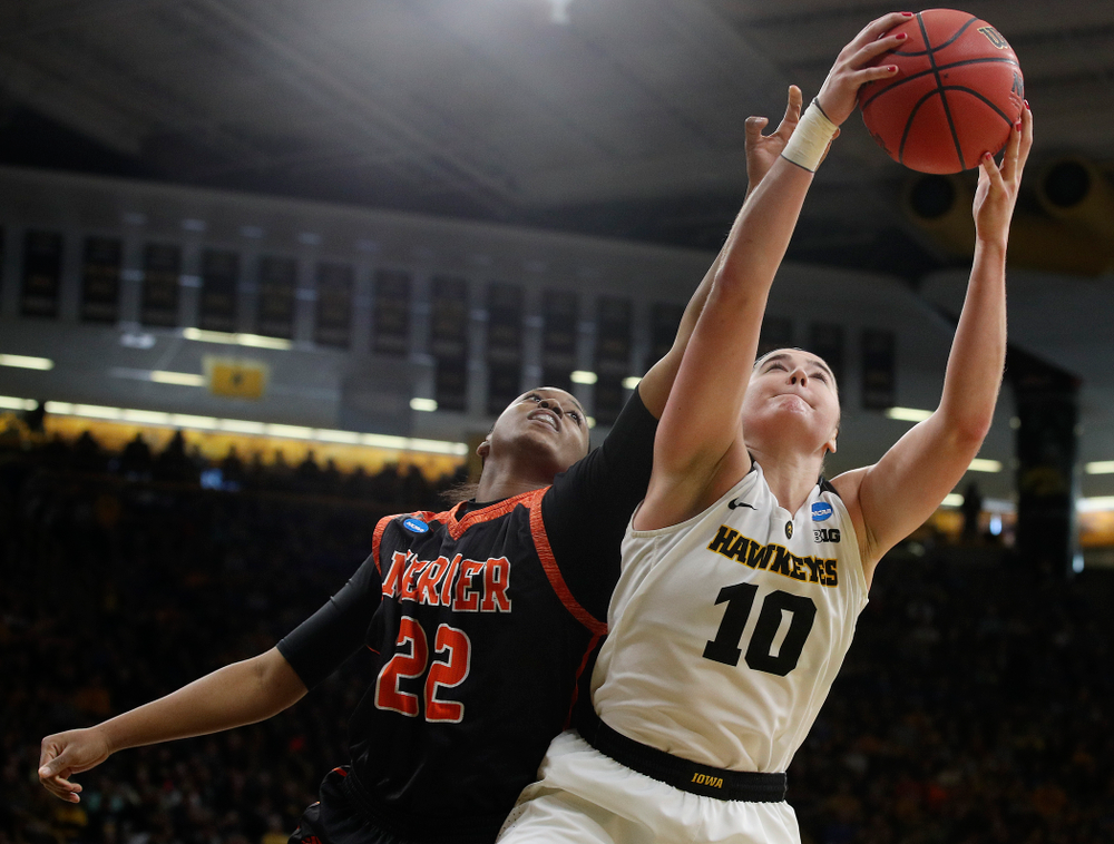 Iowa Hawkeyes forward Megan Gustafson (10) pulls in a rebound during the first round of the 2019 NCAA Women's Basketball Tournament at Carver Hawkeye Arena in Iowa City on Friday, Mar. 22, 2019. (Stephen Mally for hawkeyesports.com)