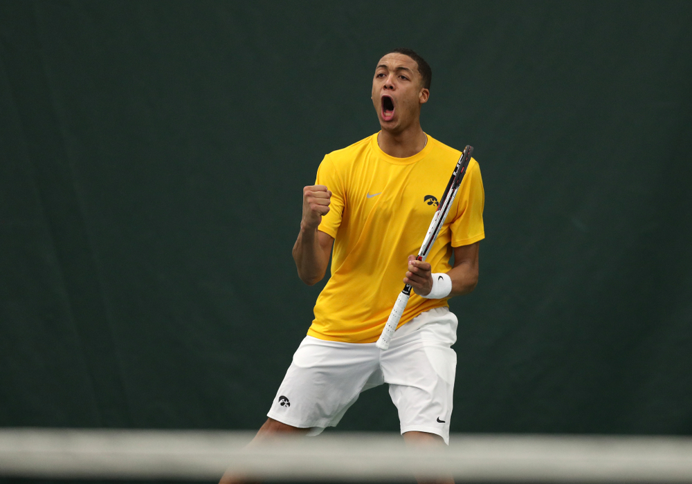 Oliver Okonkwo against Utah Sunday, February 10, 2019 at the Hawkeye Tennis and Recreation Complex. (Brian Ray/hawkeyesports.com)