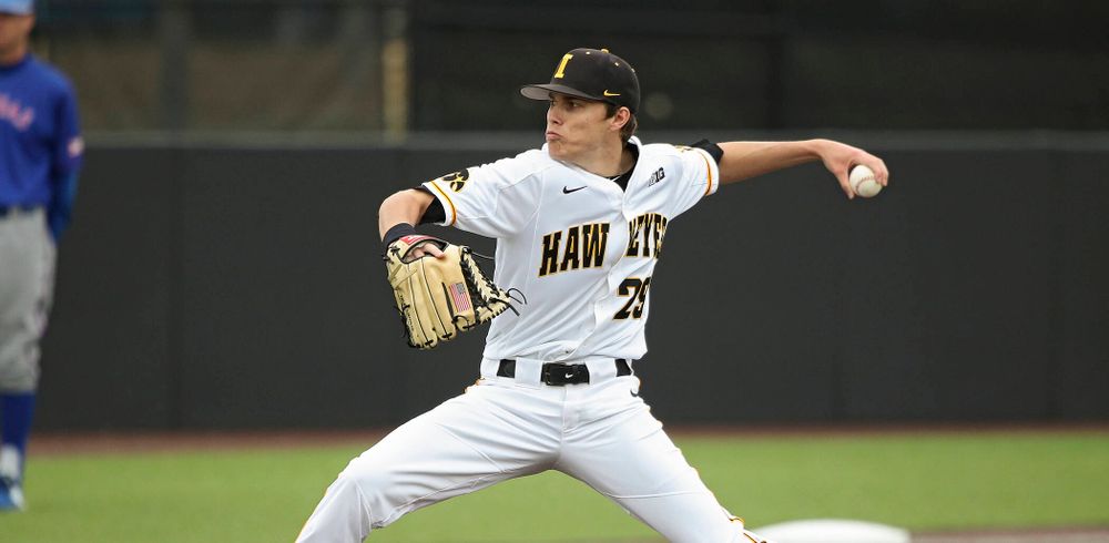 Iowa pitcher Ben Beutel (29) delivers to the plate during the first inning of their college baseball game at Duane Banks Field in Iowa City on Wednesday, March 11, 2020. (Stephen Mally/hawkeyesports.com)