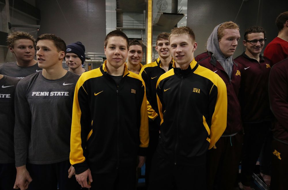 Iowa's Aleksey Tarasenko, Mateusz Arndt, Jackson Allmon, and Michael Tenney place sixth in the 800 freestyle relay at the 2019 Big Ten Swimming and Diving meet Wednesday, February 27, 2019 at the Campus Wellness and Recreation Center. (Brian Ray/hawkeyesports.com)