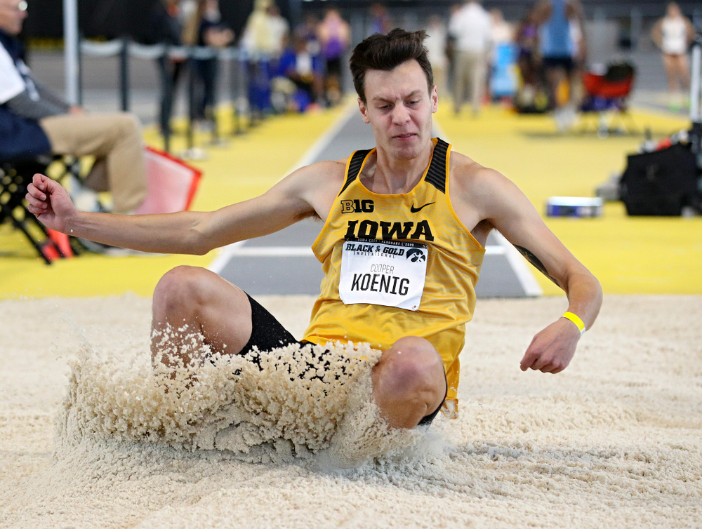 Iowa’s Cooper Koenig competes in the men’s long jump event at the Black and Gold Invite at the Recreation Building in Iowa City on Saturday, February 1, 2020. (Stephen Mally/hawkeyesports.com)