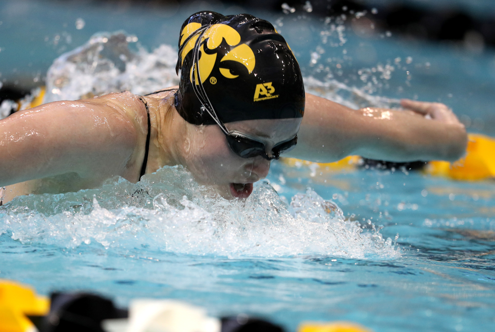 Iowa's Kelsey Drake swims the 200 yard butterfly during a double dual against Wisconsin and Northwestern Saturday, January 19, 2019 at the Campus Recreation and Wellness Center. (Brian Ray/hawkeyesports.com)