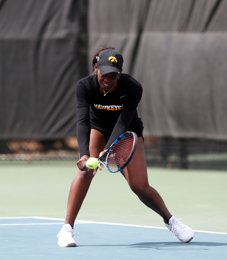 Iowa's Adorabol Huckleby against the Wisconsin Badgers Sunday, April 22, 2018 at the Hawkeye Tennis and Recreation Center. (Brian Ray/hawkeyesports.com)