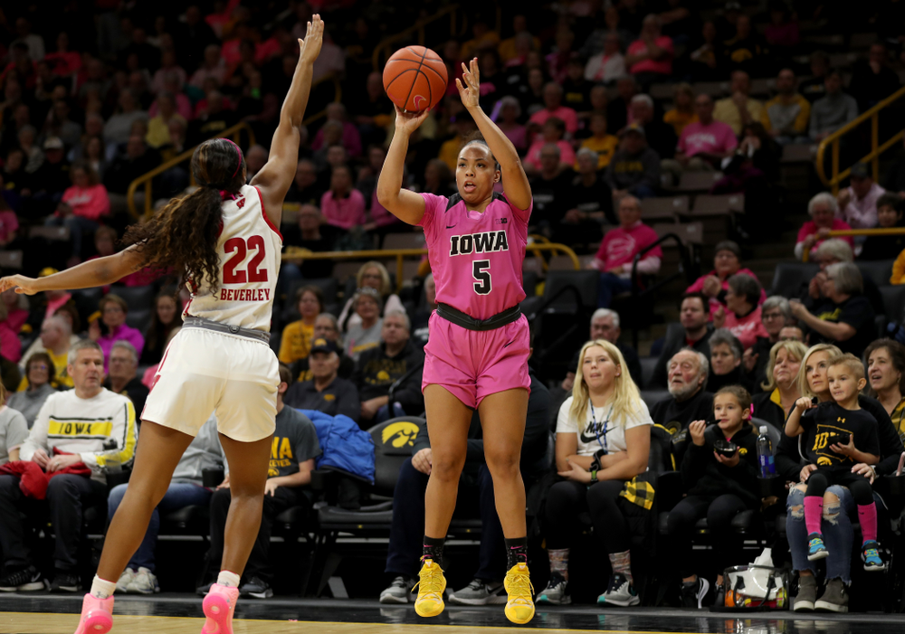 Iowa Hawkeyes guard Alexis Sevillian (5) against the Wisconsin Badgers Sunday, February 16, 2020 at Carver-Hawkeye Arena. (Brian Ray/hawkeyesports.com)