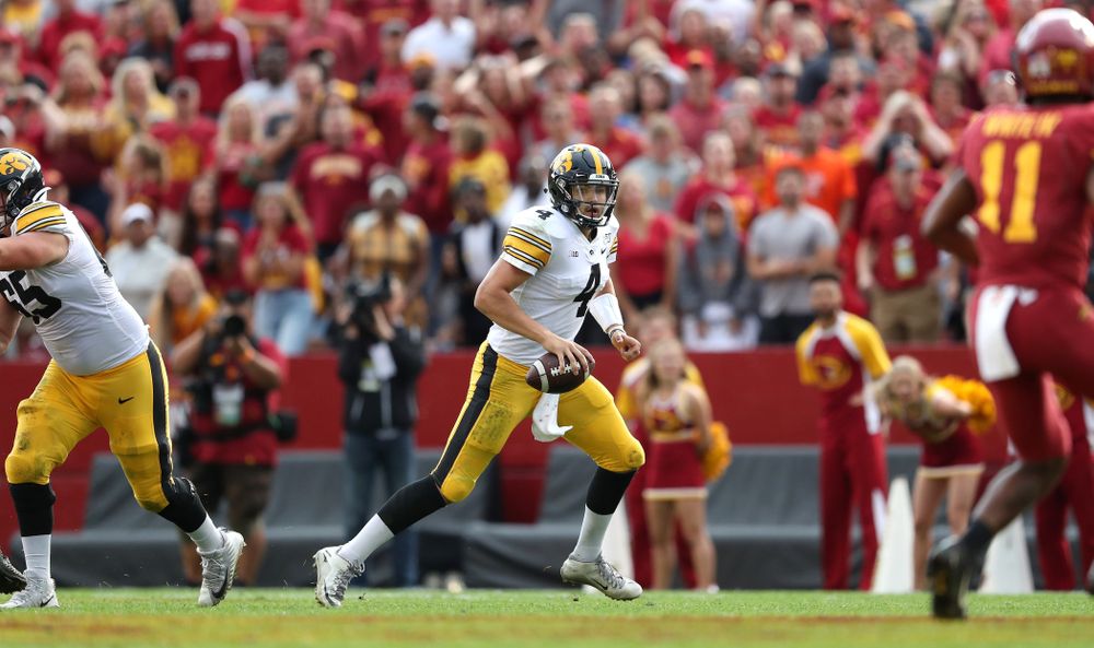 Iowa Hawkeyes quarterback Nate Stanley (4) against the Iowa State Cyclones Saturday, September 14, 2019 at Jack Trice Stadium in Ames, Iowa. (Brian Ray/hawkeyesports.com)