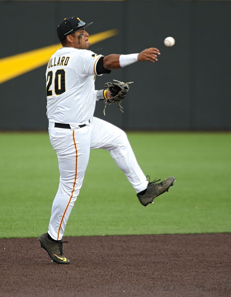Iowa infielder Izaya Fullard (20) throws to first during the seventh inning of their college baseball game at Duane Banks Field in Iowa City on Wednesday, March 11, 2020. (Stephen Mally/hawkeyesports.com)