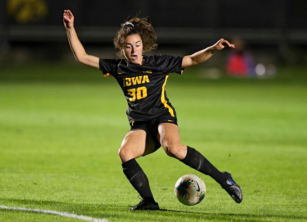 Iowa forward Devin Burns (30) lines up a shot during the first half of their match against Illinois at the Iowa Soccer Complex in Iowa City on Thursday, Sep 26, 2019. (Stephen Mally/hawkeyesports.com)