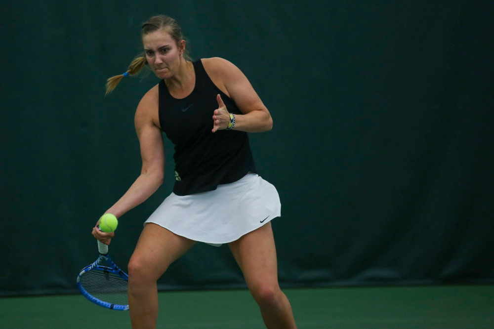 IowaÕs Ashleigh Jacobs at womenÕs tennis senior day vs Nebraska on Saturday, April 13, 2019 at the Hawkeye Tennis and Recreation Complex. (Lily Smith/hawkeyesports.com)