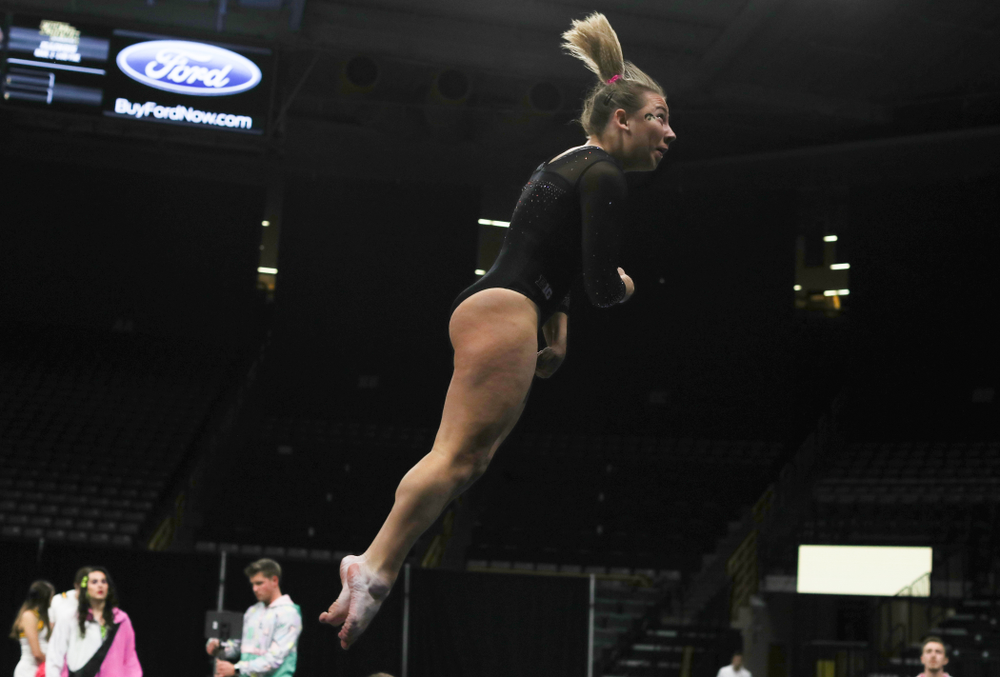 Iowa’s Alex Greenwald competes on the vault against Michigan Friday, February 14, 2020 at Carver-Hawkeye Arena. (Brian Ray/hawkeyesports.com)