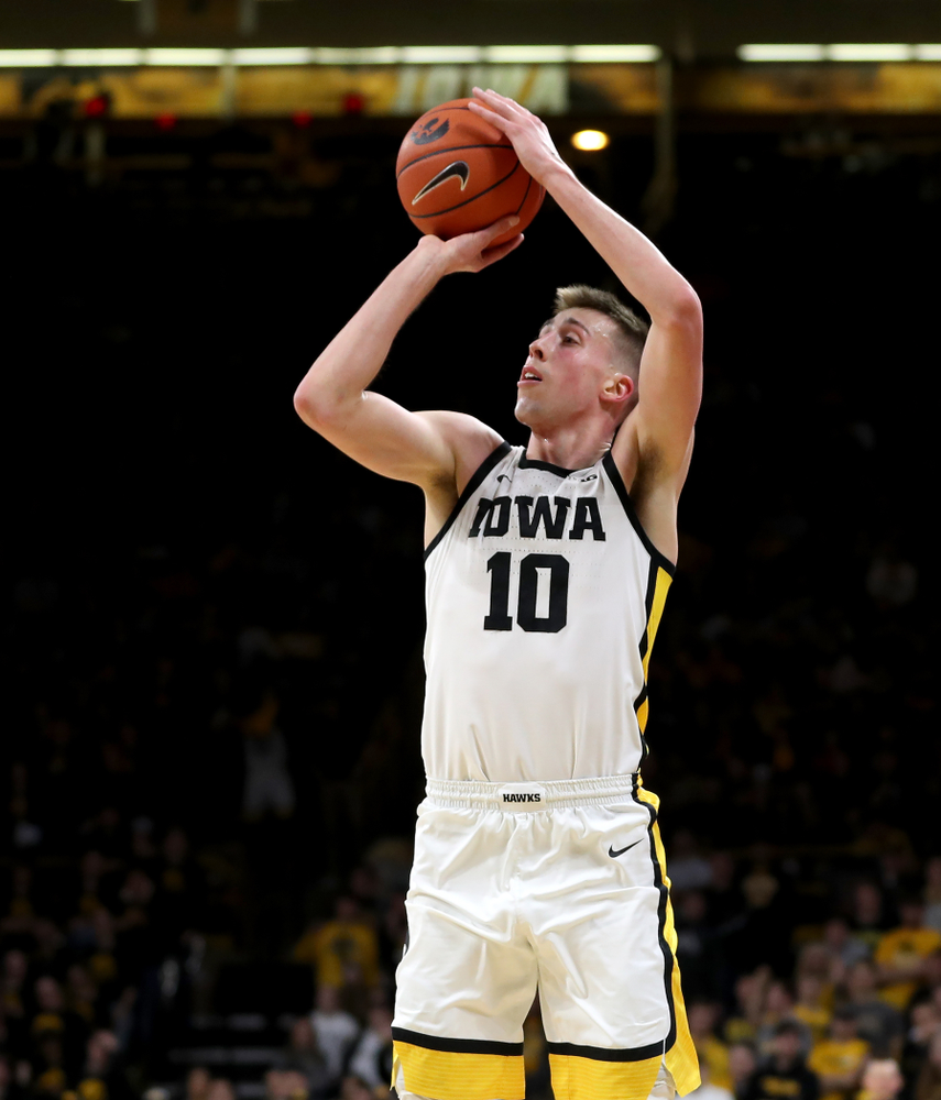 Iowa Hawkeyes guard Joe Wieskamp (10) against the Purdue Boilermakers Tuesday, March 3, 2020 at Carver-Hawkeye Arena. (Brian Ray/hawkeyesports.com)