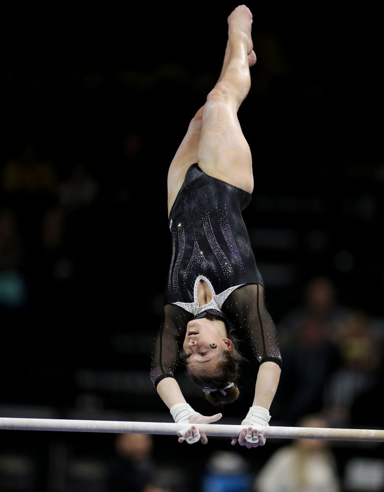 Iowa’s Mackenzie Vance competes on the bars against Michigan State Saturday, February 1, 2020 at Carver-Hawkeye Arena. (Brian Ray/hawkeyesports.com)