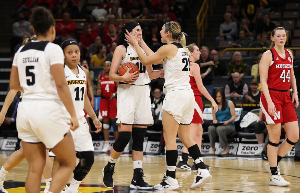 Iowa Hawkeyes forward Megan Gustafson (10) and forward Hannah Stewart (21) against the Nebraska Cornhuskers Thursday, January 3, 2019 at Carver-Hawkeye Arena. (Brian Ray/hawkeyesports.com)