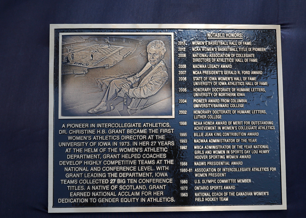 A plaque honoring Dr. Christine Grant unveiledd as part of an alumni reunion Sunday, September 16, 2018 at Grant Field. (Brian Ray/hawkeyesports.com)