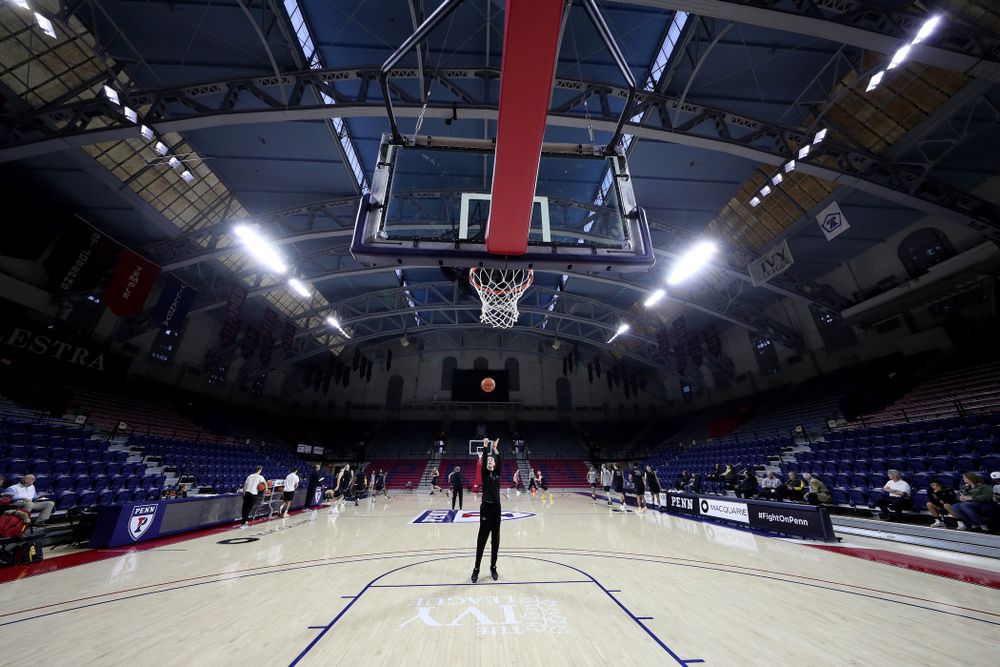 Jack McCaffery shoots baskets before practice at the Palestra Friday, January 3, 2020 in Philadelphia. (Brian Ray/hawkeyesports.com)