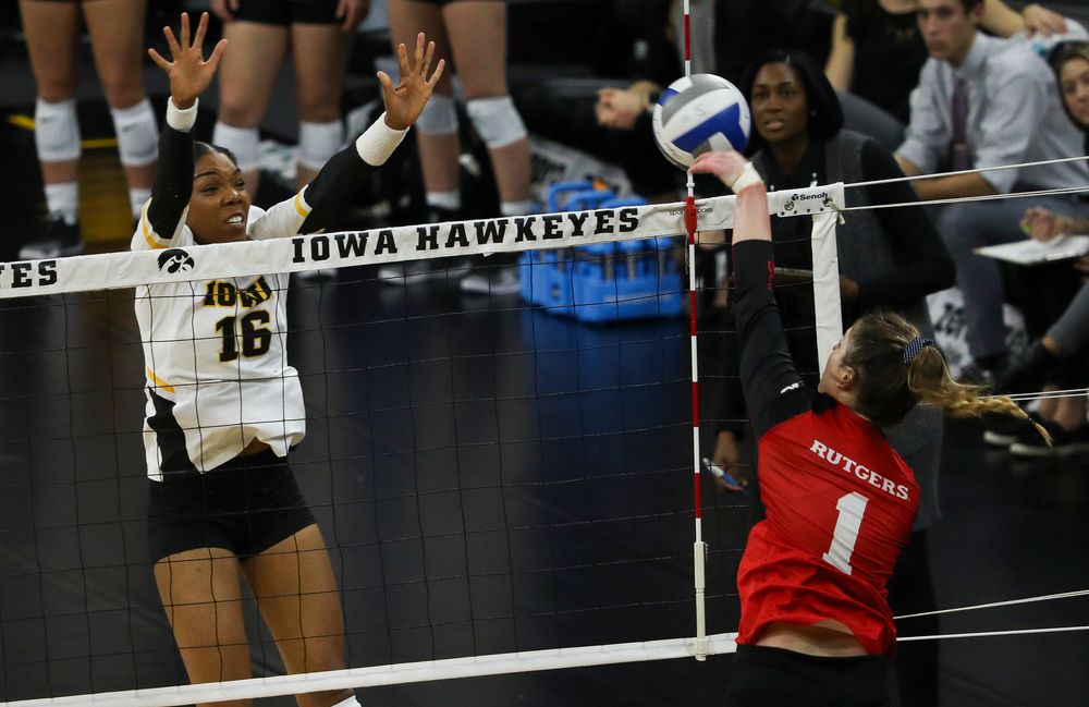 Iowa Hawkeyes outside hitter Taylor Louis (16) goes up for a block during a match against Rutgers at Carver-Hawkeye Arena on November 2, 2018. (Tork Mason/hawkeyesports.com)