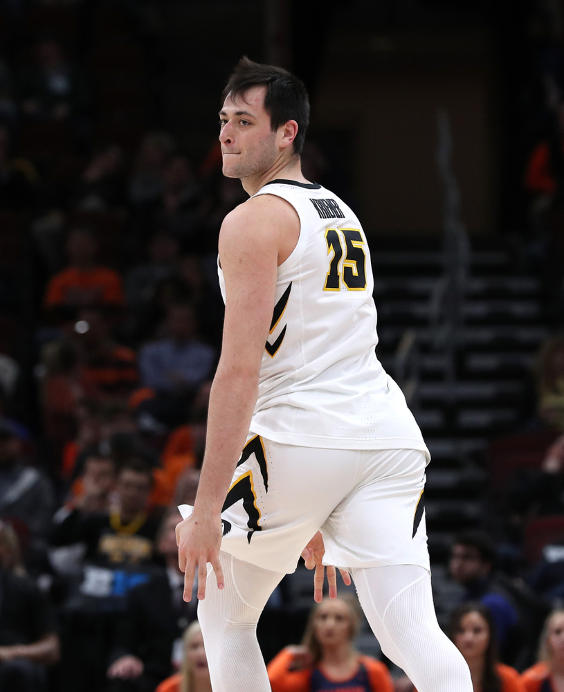 Iowa Hawkeyes forward Ryan Kriener (15) against the Illinois Fighting Illini in the 2019 Big Ten Men's Basketball Tournament Thursday, March 14, 2019 at the United Center in Chicago. (Brian Ray/hawkeyesports.com)