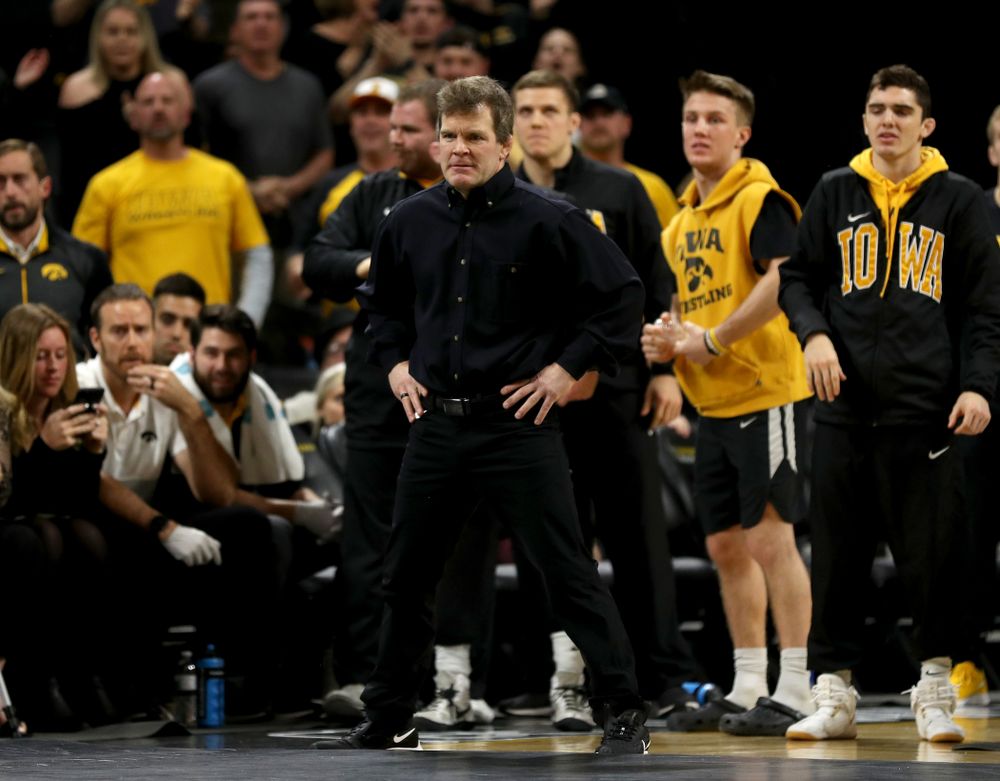 Associate Head Coach Terry Brands works the edge of the mat as Iowa’s Michael Kemerer wrestles Ohio State’s Kaleb Romero at 174 pounds Friday, January 24, 2020 at Carver-Hawkeye Arena. Kemerer won the match 7-1. (Brian Ray/hawkeyesports.com)