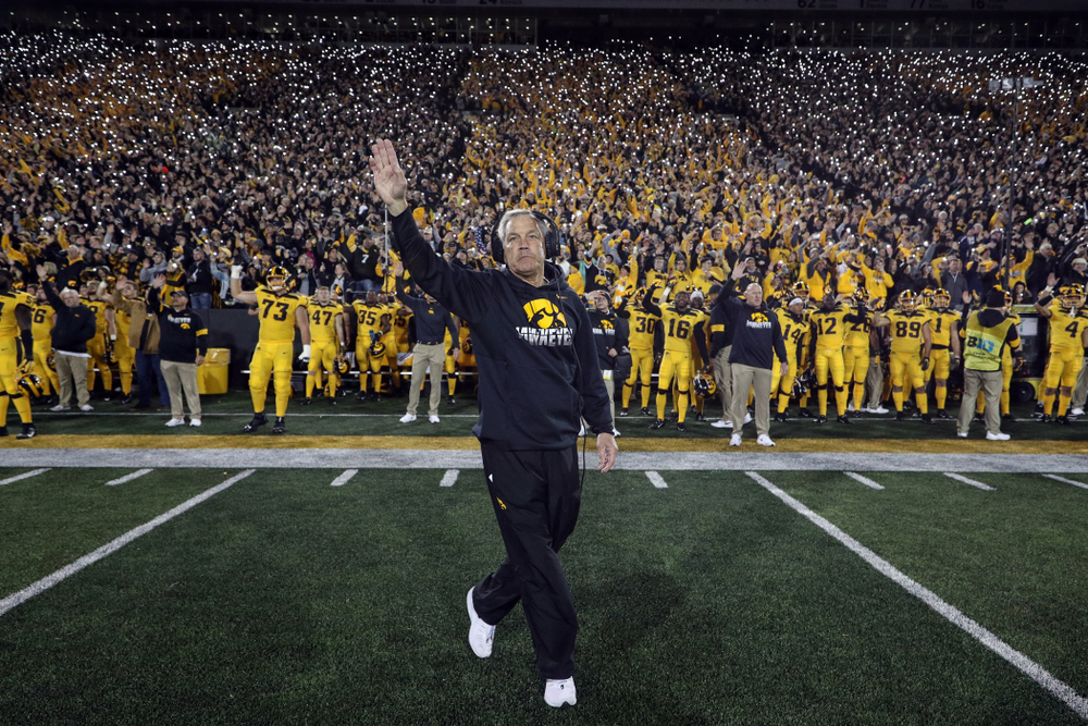 Iowa Hawkeyes head coach Kirk Ferentz waves to the kids in the Stead Family ChildrenÕs Hospital at the end of the first quarter against the Penn State Nittany Lions Saturday, October 12, 2019 at Kinnick Stadium. (Brian Ray/hawkeyesports.com)