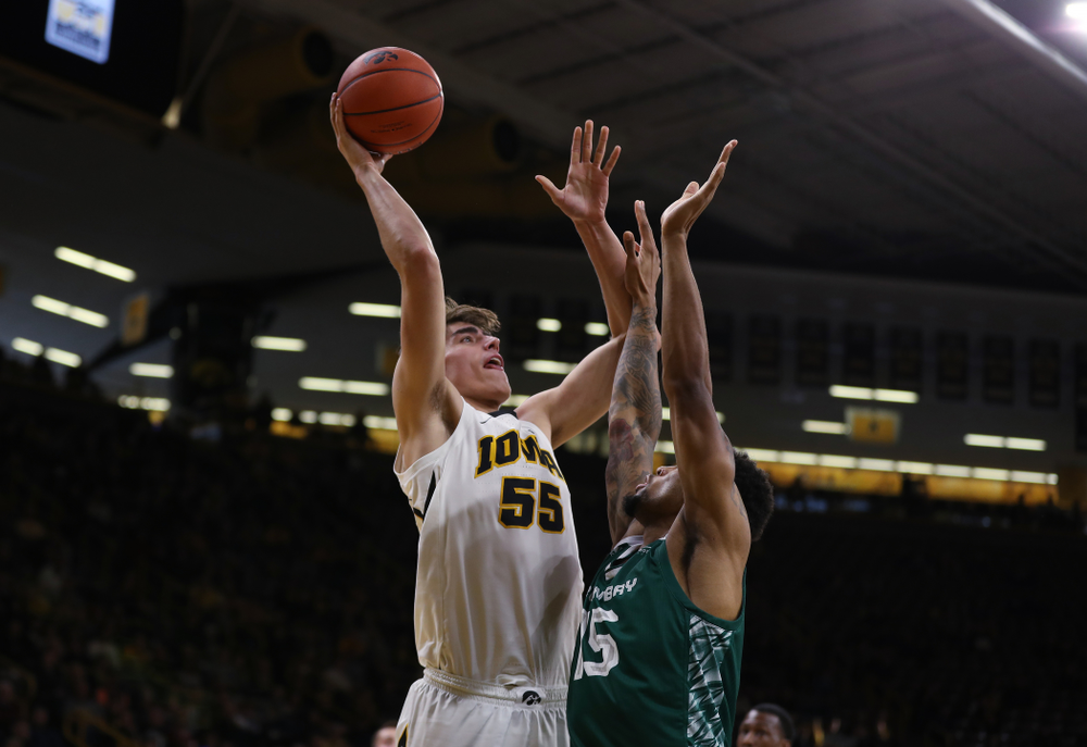 Iowa Hawkeyes forward Luka Garza (55) against UW Green Bay Sunday, November 11, 2018 at Carver-Hawkeye Arena. (Brian Ray/hawkeyesports.com)