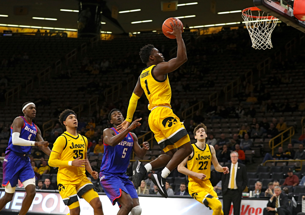 Iowa Hawkeyes guard Joe Toussaint (1) scores a basket during the second half of their game at Carver-Hawkeye Arena in Iowa City on Monday, Nov 11, 2019. (Stephen Mally/hawkeyesports.com)