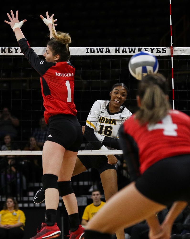 Iowa Hawkeyes outside hitter Taylor Louis (16) spikes the ball during a match against Rutgers at Carver-Hawkeye Arena on November 2, 2018. (Tork Mason/hawkeyesports.com)