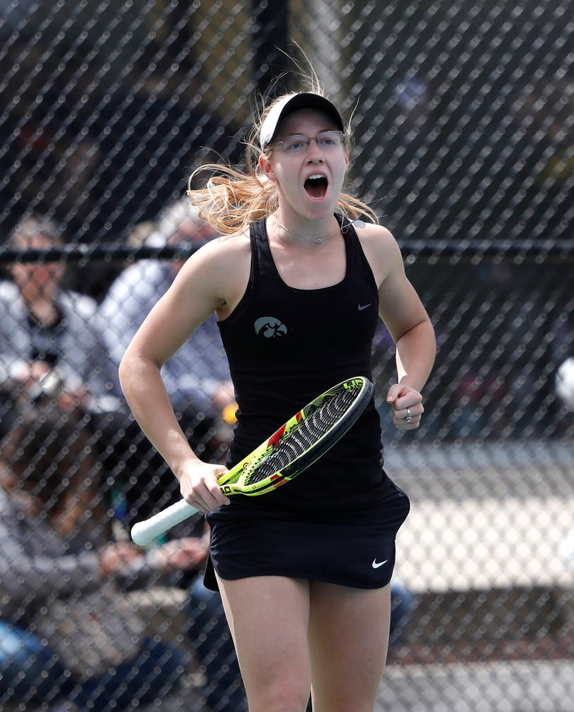 Montana Crawford and Danielle Burich play a doubles match against the Wisconsin Badgers Sunday, April 22, 2018 at the Hawkeye Tennis and Recreation Center. (Brian Ray/hawkeyesports.com)