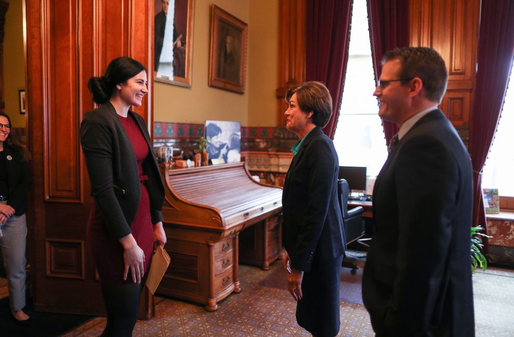 Iowa’s Megan Gustafson meets with Governor Kim Reynolds and Lt. Governor Adam Gregg at the Iowa State Capitol Wednesday, April 24, 2019 in Des Moines. (Brian Ray/hawkeyesports.com)