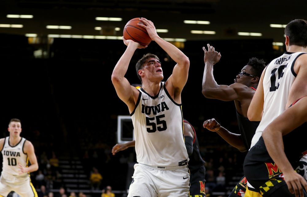 Iowa Hawkeyes forward Luka Garza (55) against the Maryland Terrapins Friday, January 10, 2020 at Carver-Hawkeye Arena. (Brian Ray/hawkeyesports.com)