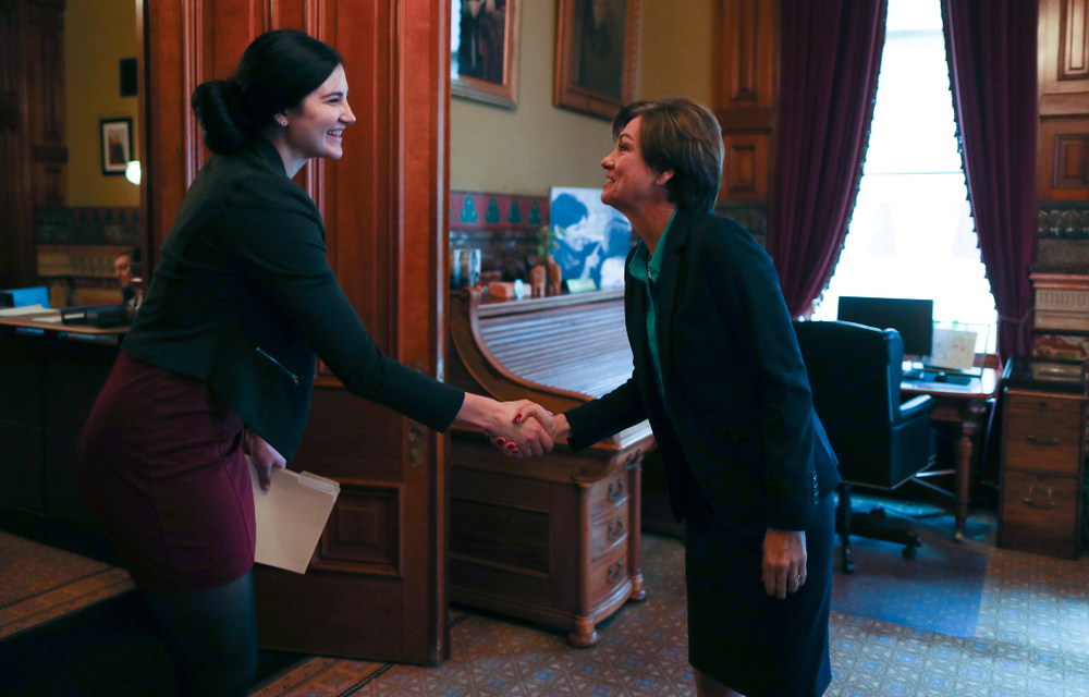 IowaÕs Megan Gustafson meets with Governor Kim Reynolds and Lt. Governor Adam Gregg at the Iowa State Capitol Wednesday, April 24, 2019 in Des Moines. (Brian Ray/hawkeyesports.com)