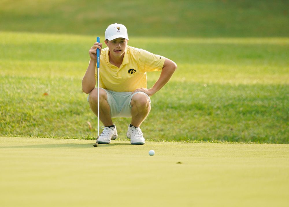 Iowa’s Matthew Garside lines up a putt during the third day of the Golfweek Conference Challenge at the Cedar Rapids Country Club in Cedar Rapids on Tuesday, Sep 17, 2019. (Stephen Mally/hawkeyesports.com)