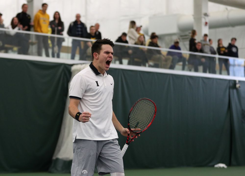 Iowa's Jonas Larson during a doubles match against Western Michigan Saturday, January 19, 2019 at the Hawkeye Tennis and Recreation Complex. (Brian Ray/hawkeyesports.com)