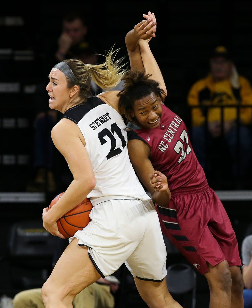 Iowa Hawkeyes forward Hannah Stewart (21) pulls down a rebound during a game against North Carolina Central at Carver-Hawkeye Arena on November 17, 2018. (Tork Mason/hawkeyesports.com)