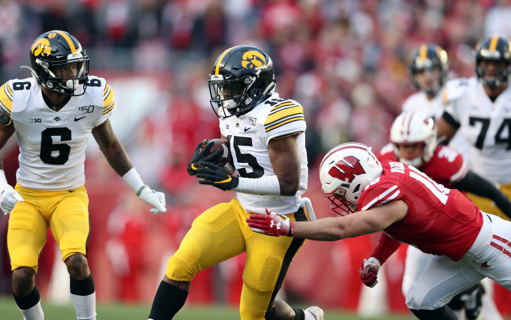 Iowa Hawkeyes running back Tyler Goodson (15) against the Wisconsin Badgers Saturday, November 9, 2019 at Camp Randall Stadium in Madison, Wisc. (Brian Ray/hawkeyesports.com)