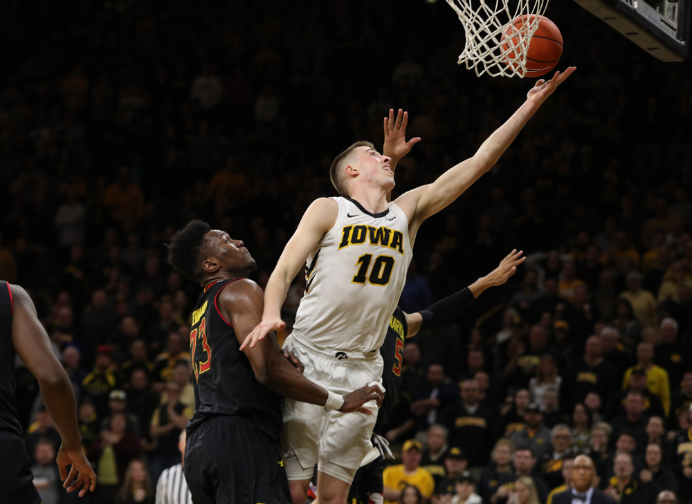 Iowa Hawkeyes guard Joe Wieskamp (10) against the Maryland Terapins Tuesday, February 19, 2019 at Carver-Hawkeye Arena. (Brian Ray/hawkeyesports.com)