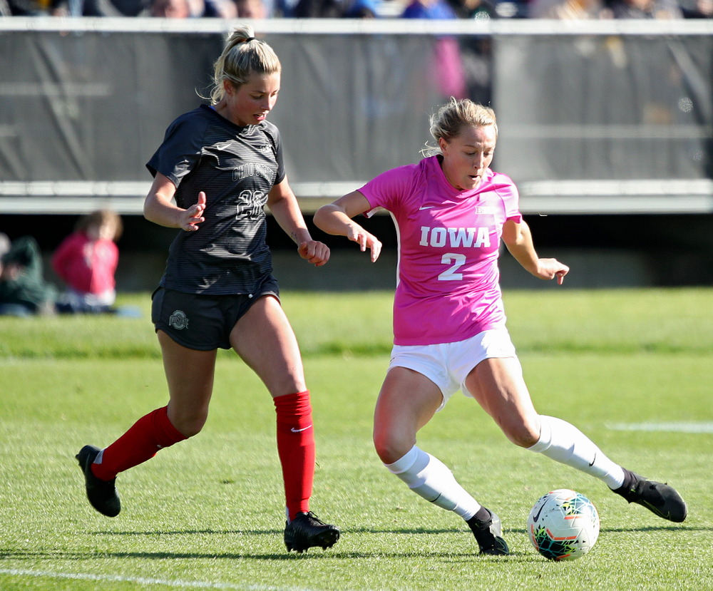Iowa midfielder Hailey Rydberg (2) passes the ball during the second half of their match at the Iowa Soccer Complex in Iowa City on Sunday, Oct 27, 2019. (Stephen Mally/hawkeyesports.com)