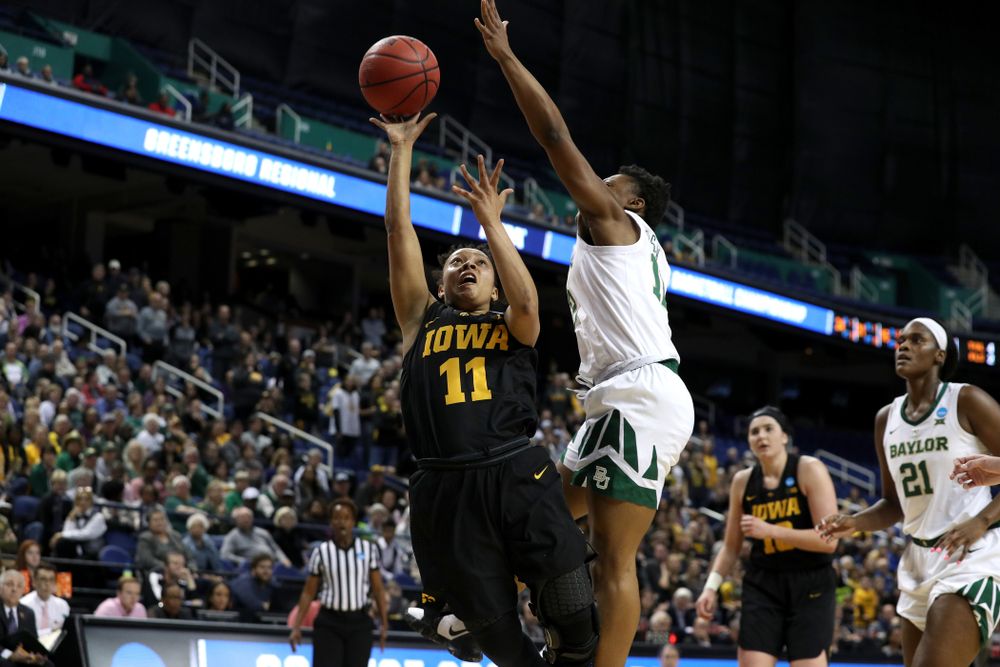 Iowa Hawkeyes guard Tania Davis (11) against the Baylor Lady Bears in the regional final of the 2019 NCAA Women's College Basketball Tournament Monday, April 1, 2019 at Greensboro Coliseum in Greensboro, NC.(Brian Ray/hawkeyesports.com)
