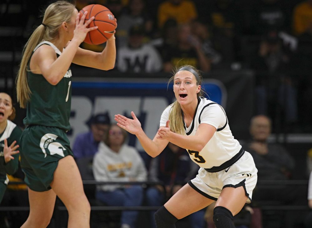 Iowa Hawkeyes guard Makenzie Meyer (3) claps and shouts as she defends during the first quarter of their game at Carver-Hawkeye Arena in Iowa City on Sunday, January 26, 2020. (Stephen Mally/hawkeyesports.com)
