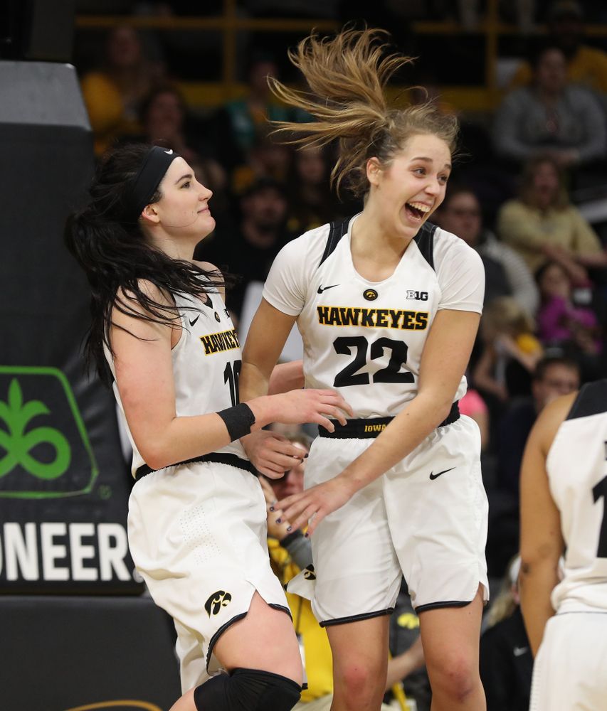 Iowa Hawkeyes forward Megan Gustafson (10) and guard Kathleen Doyle (22) against the Purdue Boilermakers Sunday, January 27, 2019 at Carver-Hawkeye Arena. (Brian Ray/hawkeyesports.com)