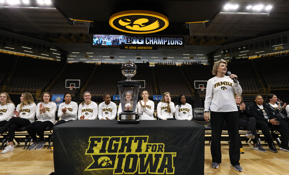Iowa Hawkeyes head coach Lisa Bluder during a celebration of their Big Ten Women's Basketball Tournament championship Monday, March 18, 2019 at Carver-Hawkeye Arena. (Brian Ray/hawkeyesports.com)