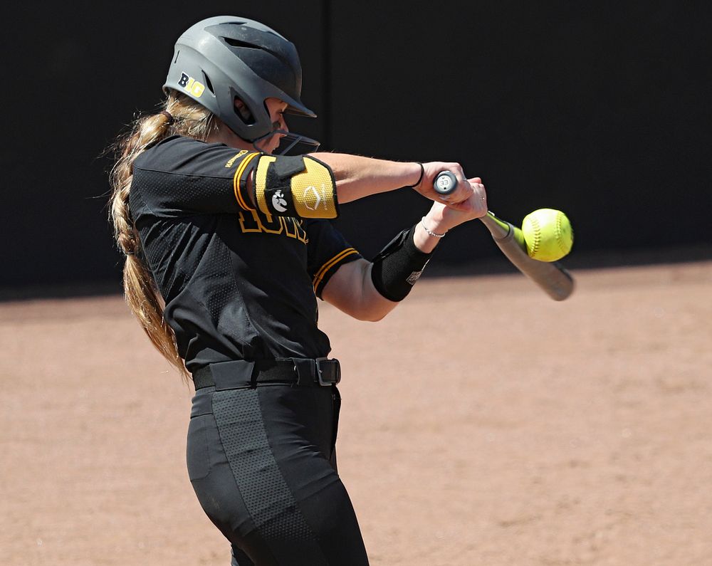 Iowa right fielder Cameron Cecil (1) bats during the third inning of their game against Ohio State at Pearl Field in Iowa City on Saturday, May. 4, 2019. (Stephen Mally/hawkeyesports.com)