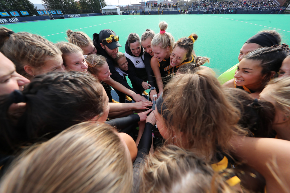 The Iowa Hawkeyes gather before their game against Penn State in the 2019 Big Ten Field Hockey Tournament Championship Game Sunday, November 10, 2019 in State College. (Brian Ray/hawkeyesports.com)
