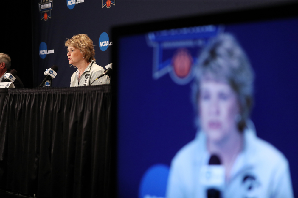 Iowa Hawkeyes head coach Lisa Bluder during media and practice as they prepare for their Sweet 16 matchup against NC State Friday, March 29, 2019 at the Greensboro Coliseum in Greensboro, NC.(Brian Ray/hawkeyesports.com)