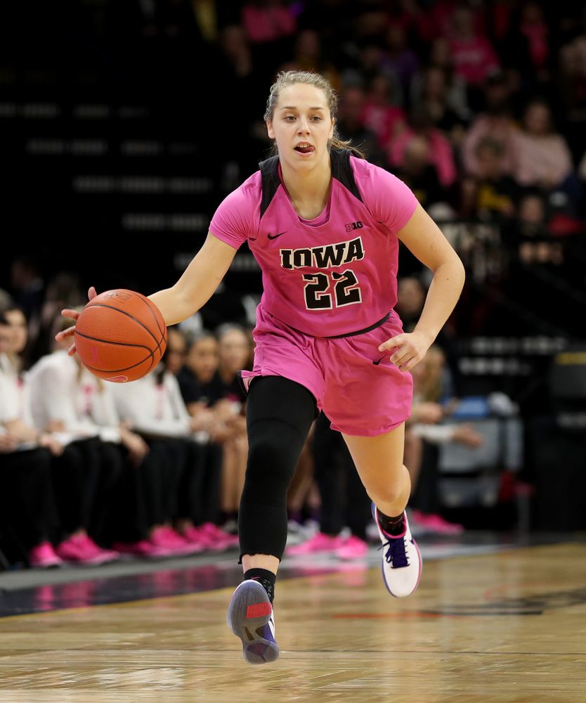 Iowa Hawkeyes guard Kathleen Doyle (22) against the Wisconsin Badgers Sunday, February 16, 2020 at Carver-Hawkeye Arena. (Brian Ray/hawkeyesports.com)
