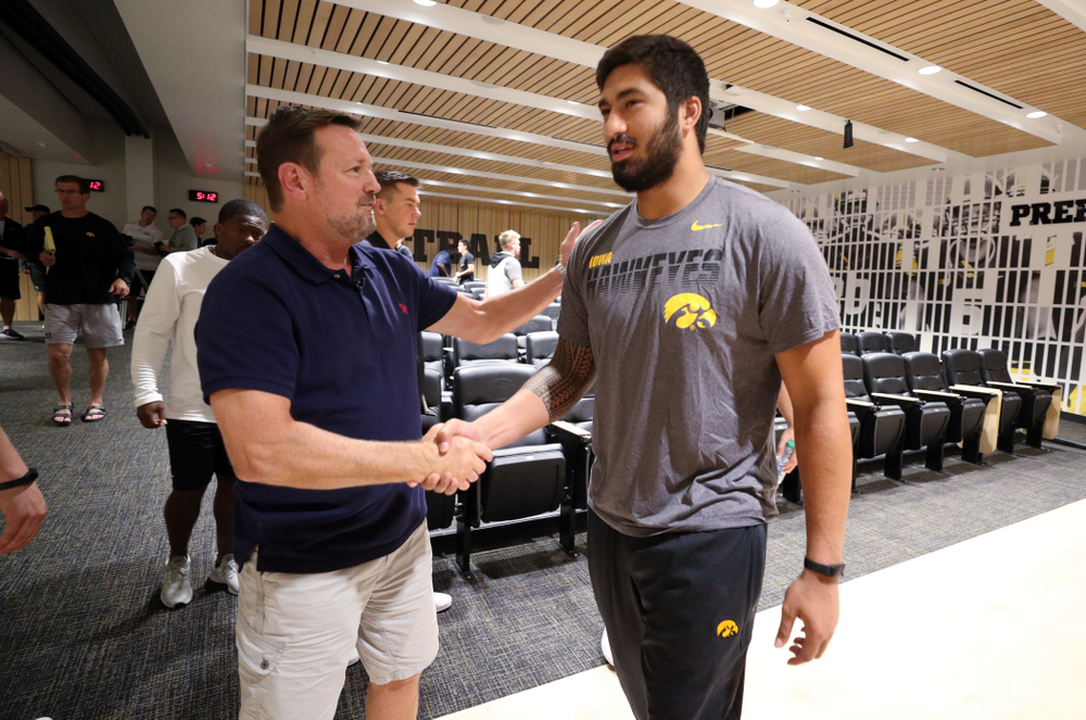 Former University of Iowa defensive back and Oklahoma Head Coach Bob Stoops addresses the Hawkeye Football team as the honorary captain for their game against Miami, Ohio Friday, August 30, 2019 at the Hansen Football Performance Center. (Brian Ray/hawkeyesports.com)