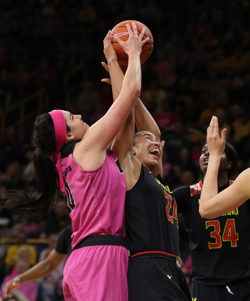 Iowa Hawkeyes forward Megan Gustafson (10) against the seventh ranked Maryland Terrapins Sunday, February 17, 2019 at Carver-Hawkeye Arena. (Brian Ray/hawkeyesports.com)
