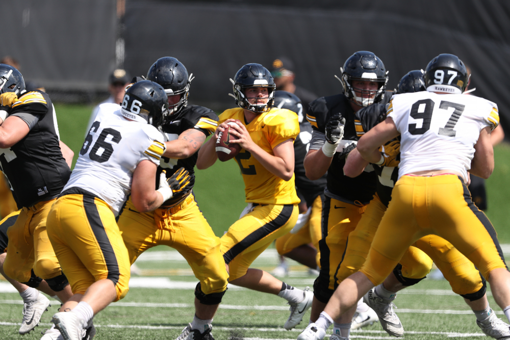 Iowa Hawkeyes quarterback Peyton Mansell (2) during Fall Camp Practice No. 5 Tuesday, August 6, 2019 at the Ronald D. and Margaret L. Kenyon Football Practice Facility. (Brian Ray/hawkeyesports.com)
